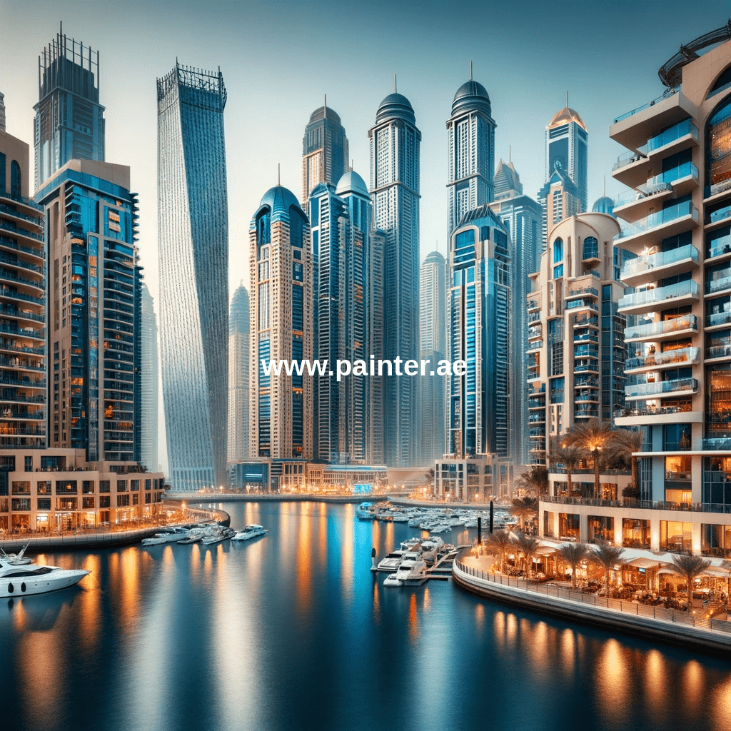 A captivating view of Dubai Marina, featuring its iconic luxurious buildings and vibrant waterfront lifestyle. The image highlights modern skyscrapers against a clear blue sky, reflecting the area's sophistication and dynamism. A subtle watermark 'www.painter.ae' is centered, emphasizing the painting services available for this upscale community.