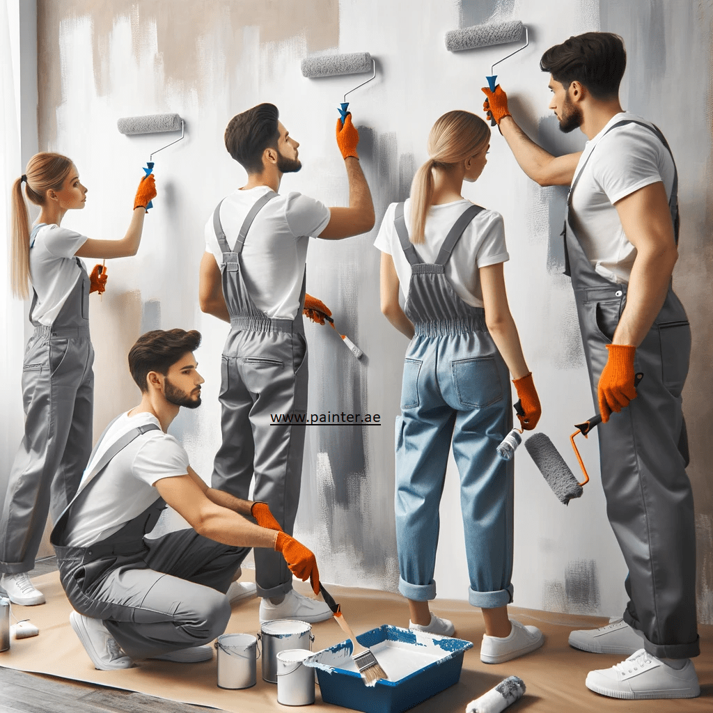 A team of professional painters meticulously painting a wall, displaying teamwork and expertise.