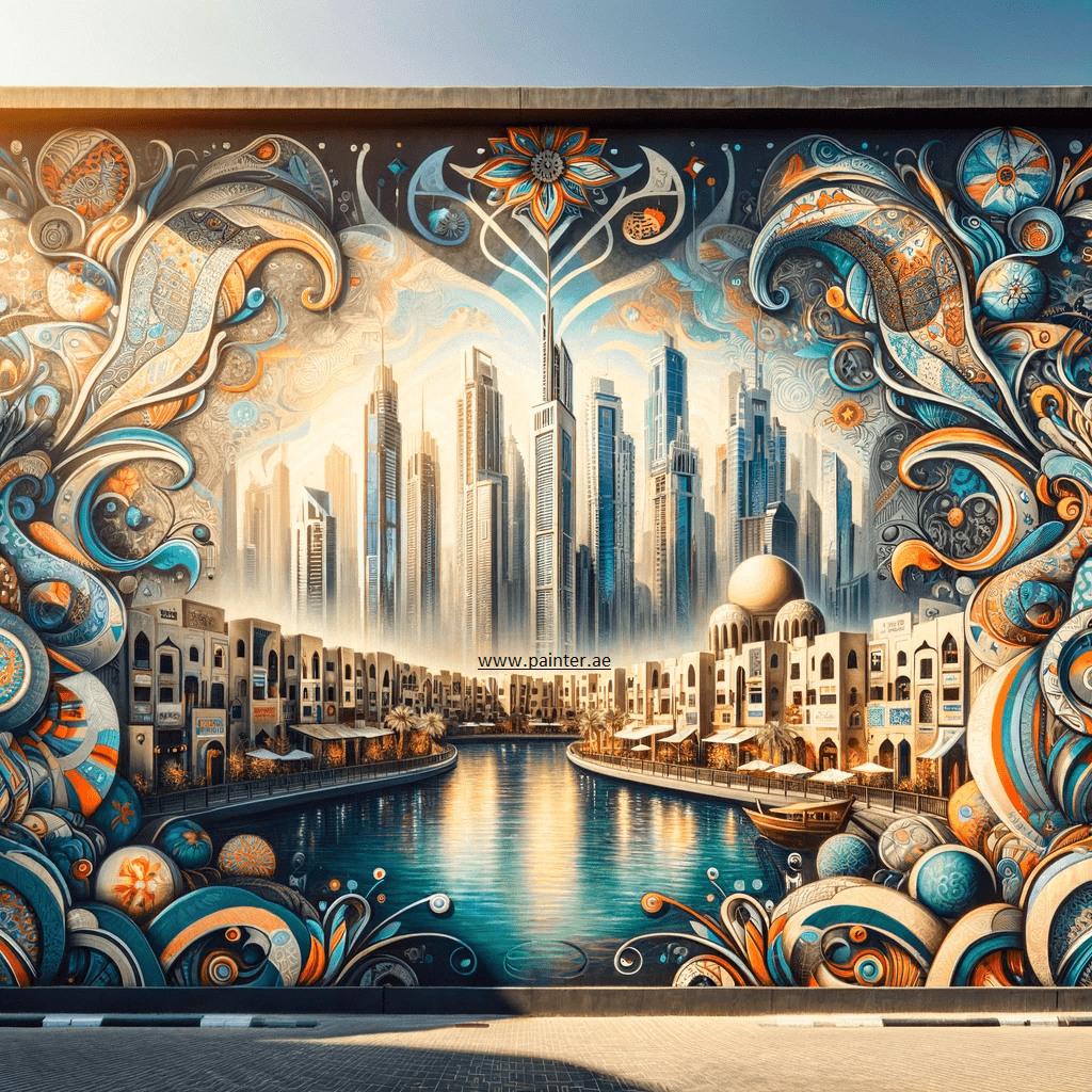 Intricate mural on a Dubai wall depicting the city's skyline and traditional Arabic patterns in vibrant colors.