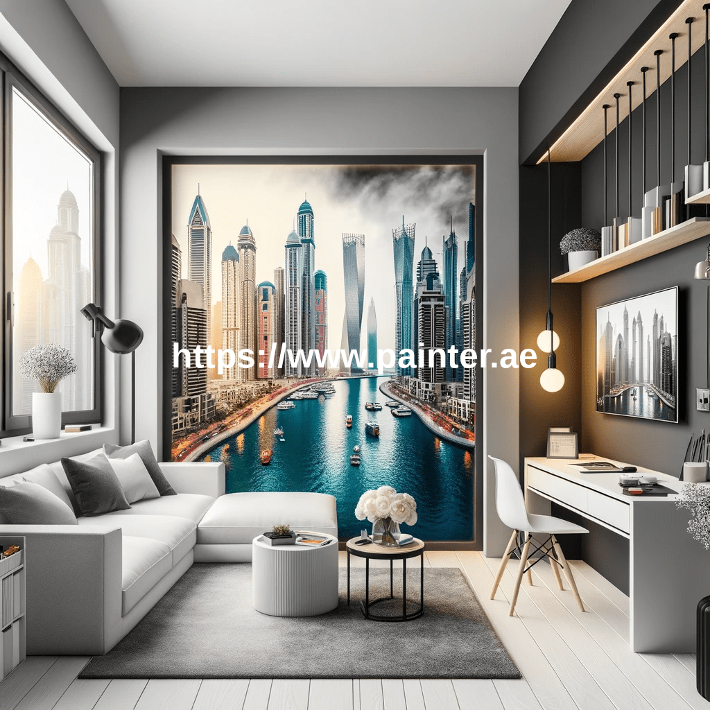 Modern studio flat in Dubai Marina, artistically painted to maximize space. The interior features contemporary furnishings and a clever use of light and color, creating an illusion of spaciousness in the compact area. Shades of light and airy colors on the walls enhance the feeling of openness. A translucent watermark reading 'https://www.painter.ae' is centered in the image, representing the painting service provider.